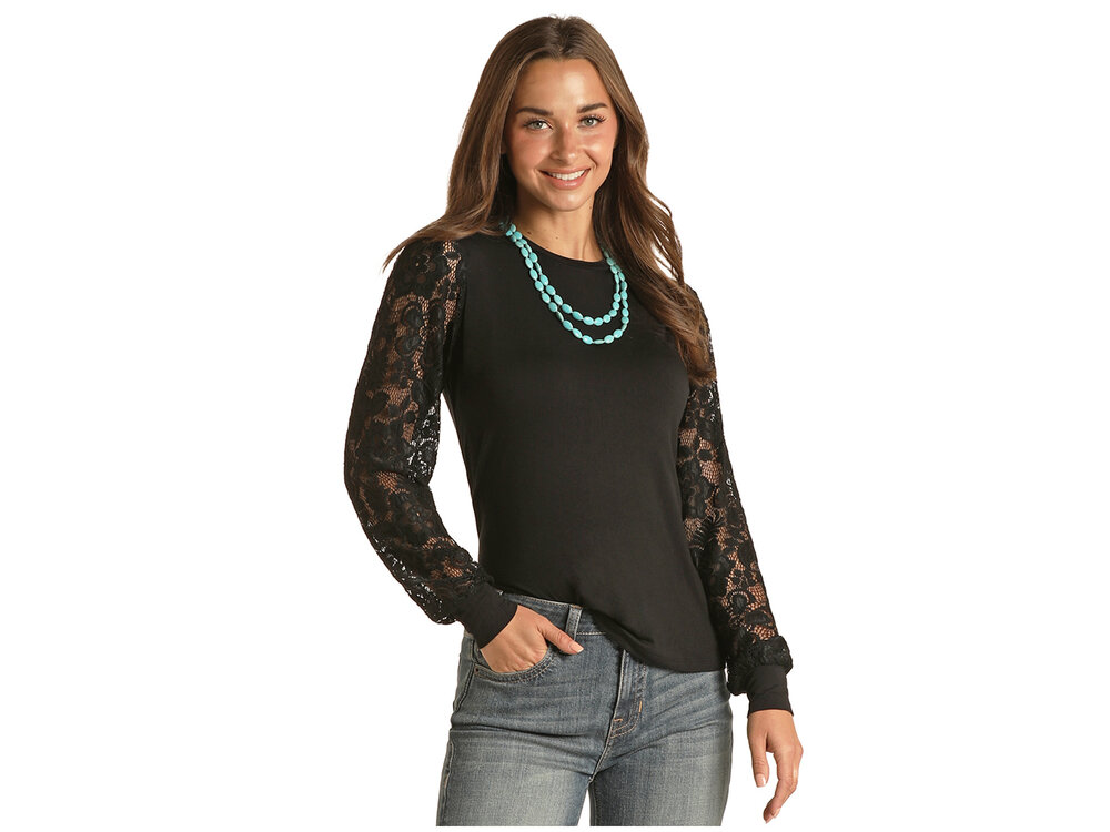 Rock and Roll Denim Lace Sleeve Top