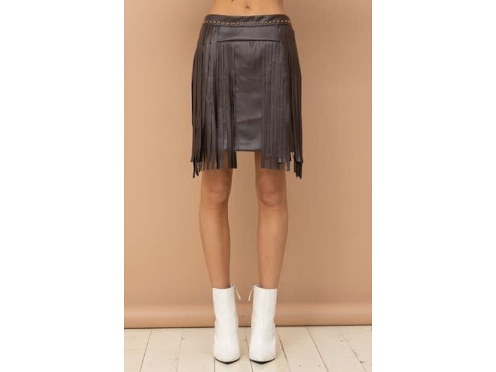 Blue B Faux Leather Studded Fringe Skirt - White Sand