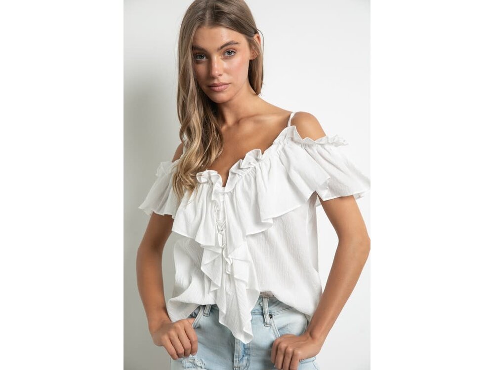 Off-Shoulder Ruffle Sleeve Top- White