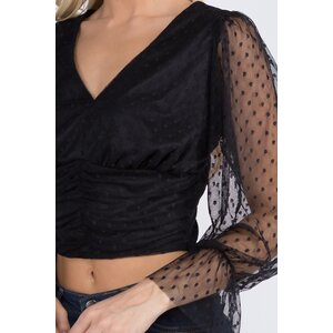 V-Neck Top with Sheer Dotted Sleeve-