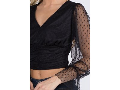 V-Neck Top with Sheer Dotted Sleeve-