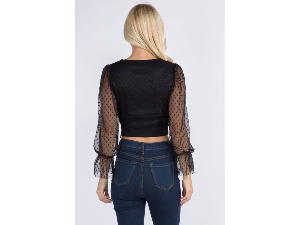 V-Neck Top with Sheer Dotted Sleeve-