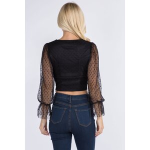 V-Neck Top with Sheer Dotted Sleeve-