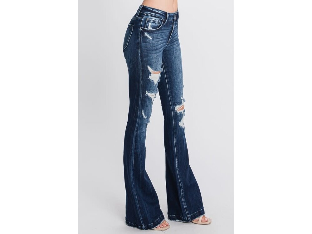 Petra153 Distressed Dark Flare w/ Trouser Hem