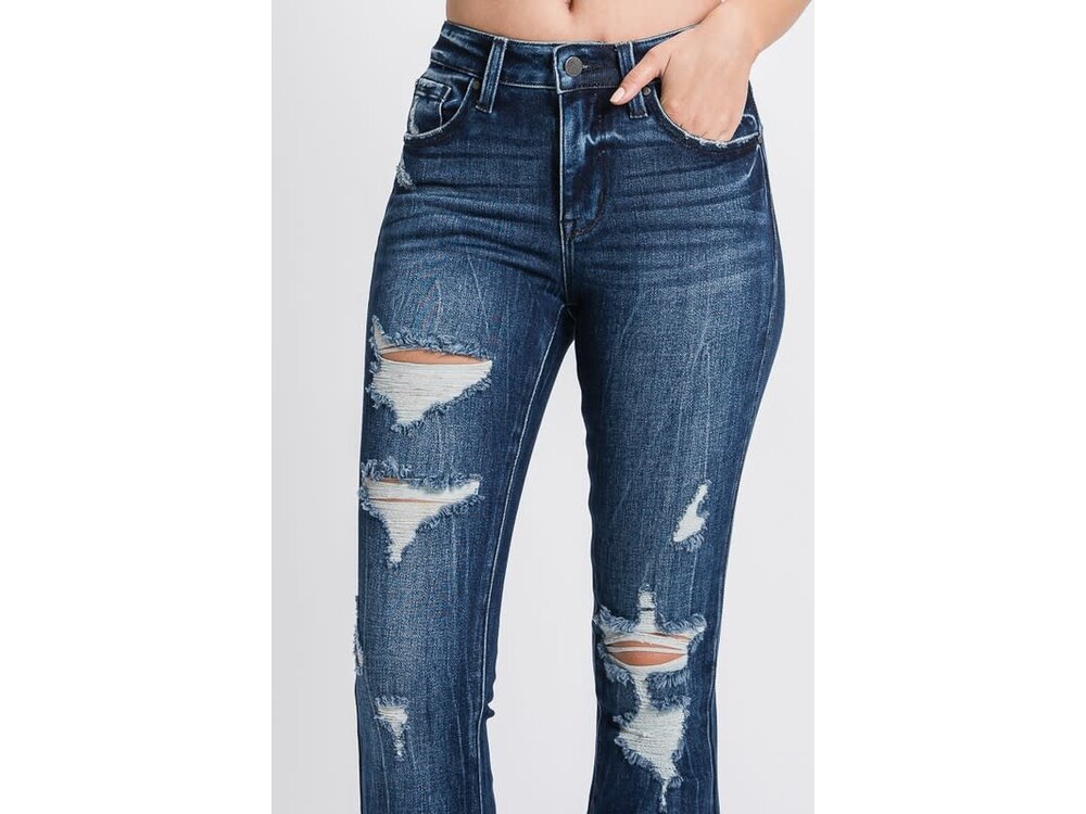 Petra153 Distressed Dark Flare w/ Trouser Hem