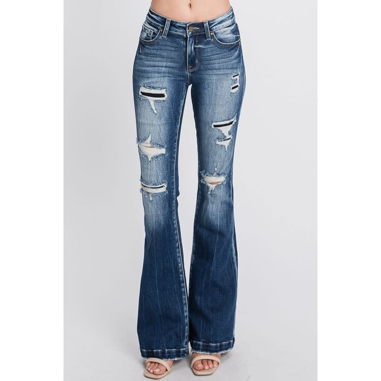 Petite Distressed MedWash Flare w/ Patches-