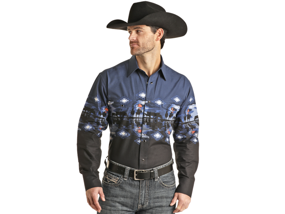 Rock and Roll Denim Border Cowboy Pearl Snap- Black/Navy