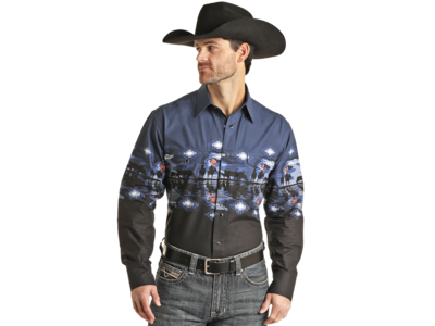 Rock and Roll Denim Border Cowboy Pearl Snap- Black/Navy