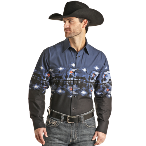 Rock and Roll Denim Border Cowboy Pearl Snap- Black/Navy