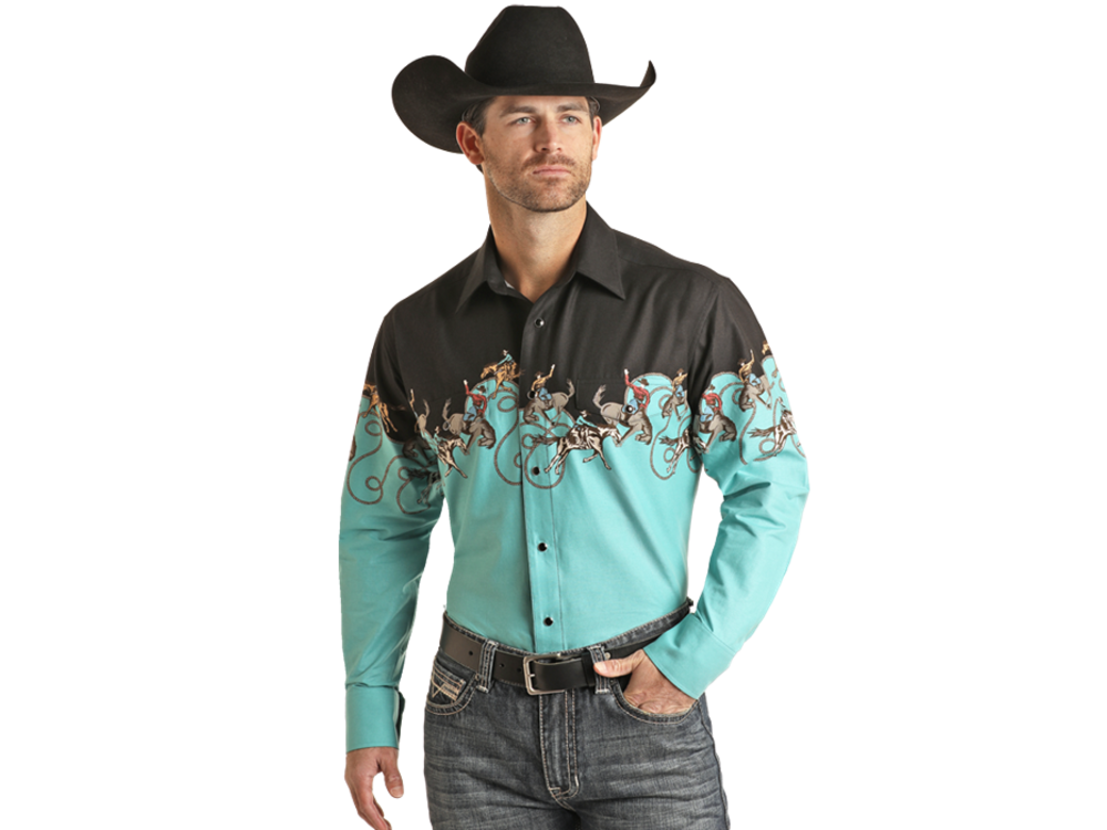 Rock and Roll Denim Border Bronc Rider Pearl Snap- Black/Turq-