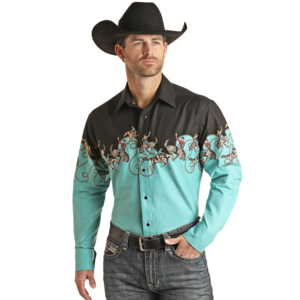 Rock and Roll Denim Border Bronc Rider Pearl Snap- Black/Turq-