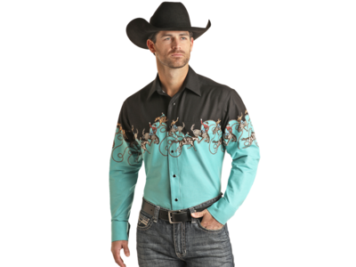 Rock and Roll Denim Border Bronc Rider Pearl Snap- Black/Turq-