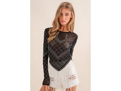 Blue B Sheer Rhinestone Top with Crystal Fringe
