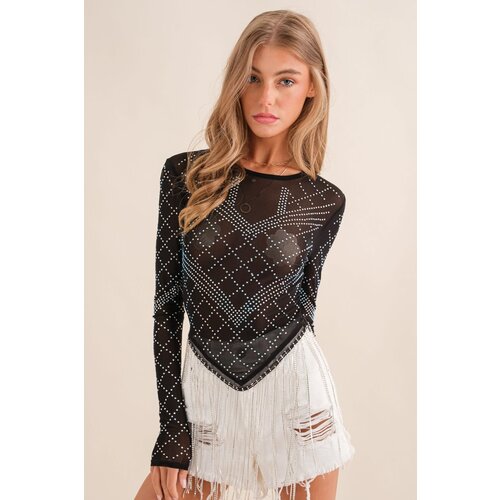 Blue B Sheer Rhinestone Top with Crystal Fringe