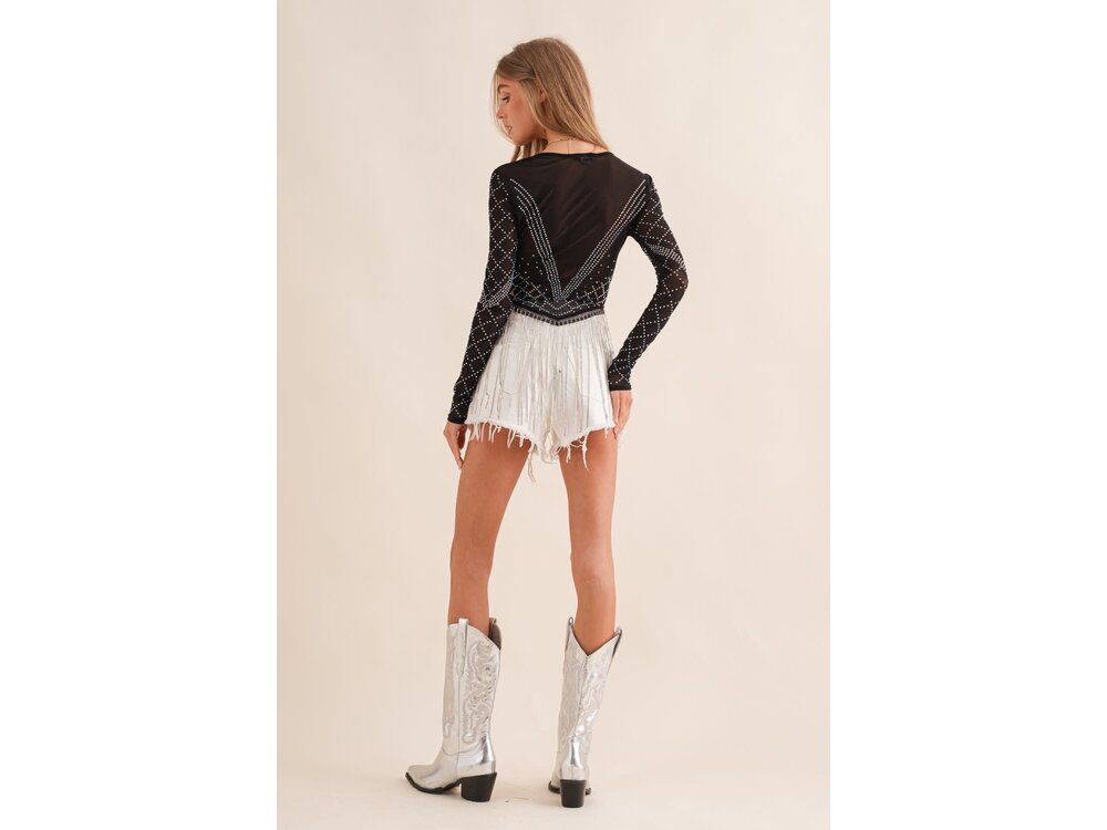 Blue B Sheer Rhinestone Top with Crystal Fringe