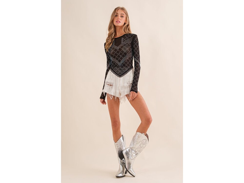 Blue B Sheer Rhinestone Top with Crystal Fringe