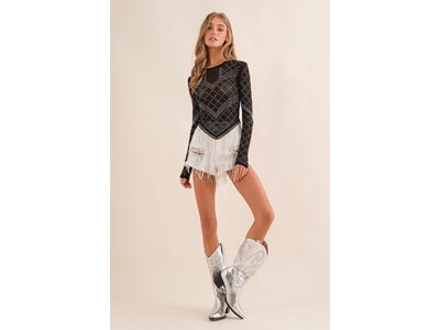 Blue B Sheer Rhinestone Top with Crystal Fringe