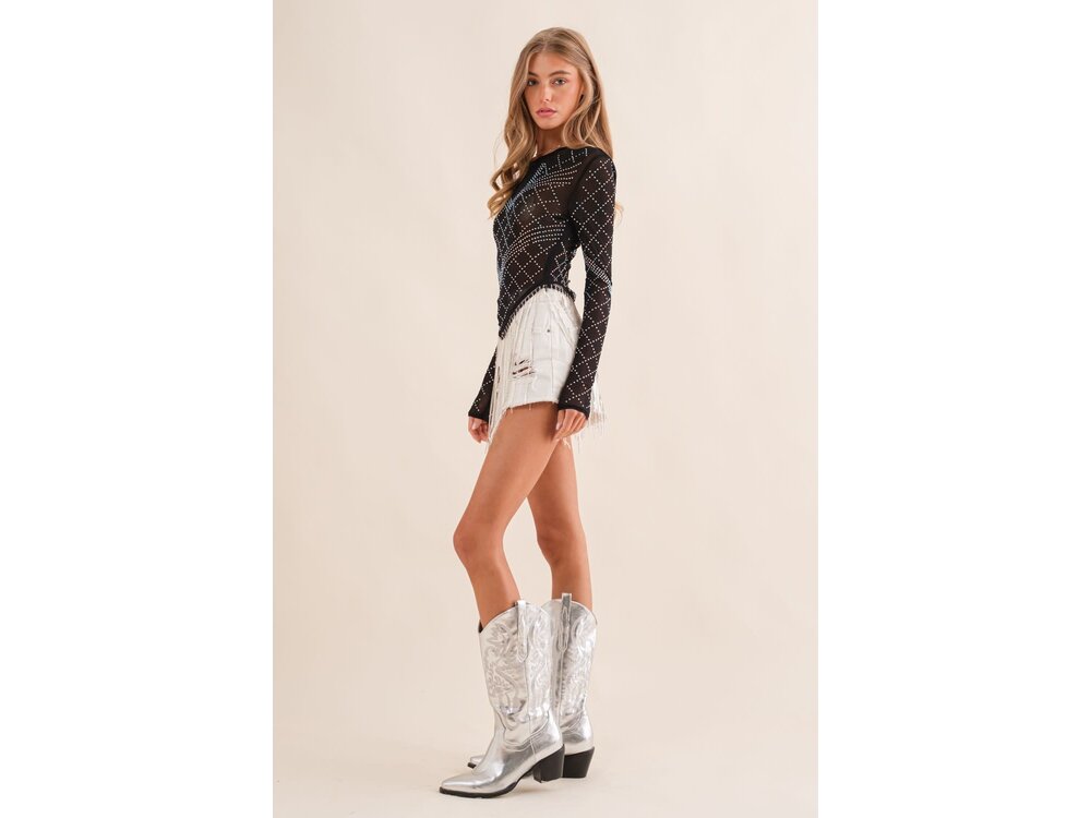 Blue B Sheer Rhinestone Top with Crystal Fringe