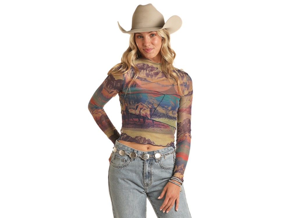 Rock and Roll Denim Western Scene Mesh Top