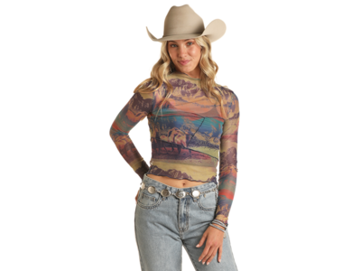 Rock and Roll Denim Western Scene Mesh Top