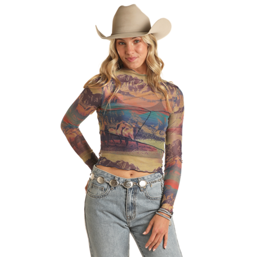 Rock and Roll Denim Western Scene Mesh Top