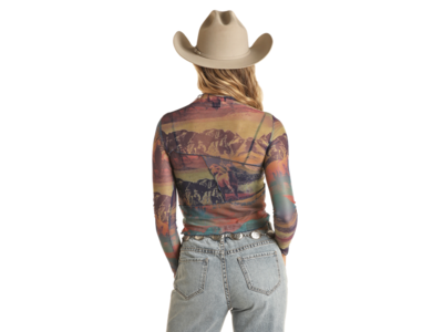 Rock and Roll Denim Western Scene Mesh Top