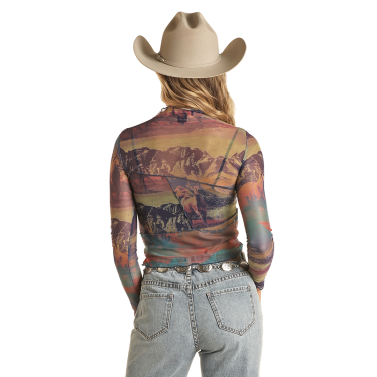 Rock and Roll Denim Western Scene Mesh Top