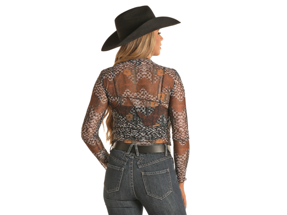 Rock and Roll Denim Western Mesh Shirt with Checkerboard