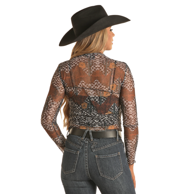 Rock and Roll Denim Western Mesh Shirt with Checkerboard