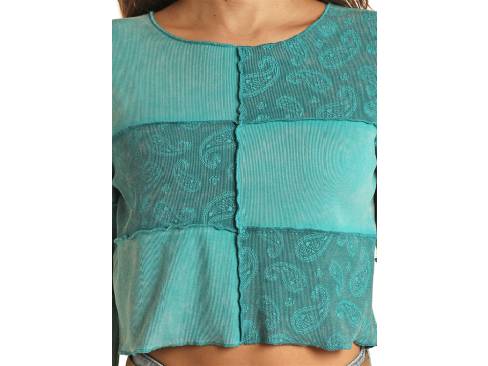 Rock and Roll Denim Patchwork Top- Teal-