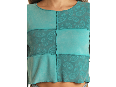 Rock and Roll Denim Patchwork Top- Teal-