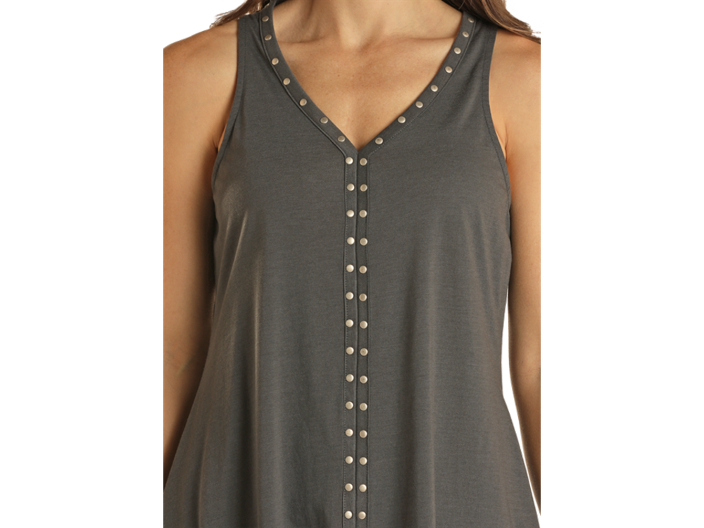 Rock and Roll Denim Studded Sharkbite Tank- Charcoal-
