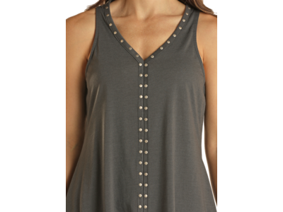 Rock and Roll Denim Studded Sharkbite Tank- Charcoal-