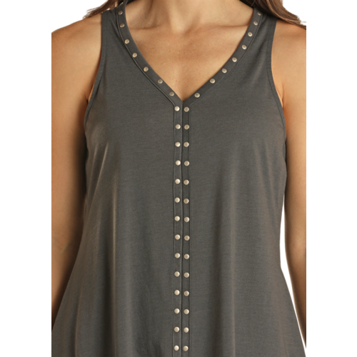 Rock and Roll Denim Studded Sharkbite Tank- Charcoal-