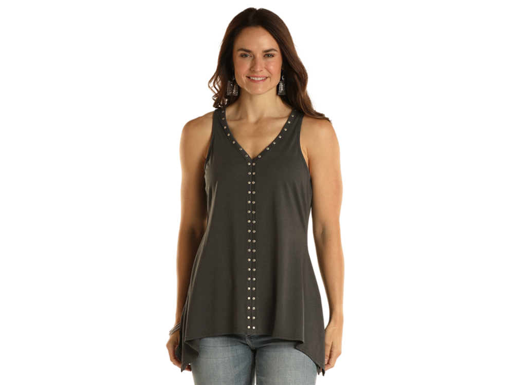 Rock and Roll Denim Studded Sharkbite Tank- Charcoal-