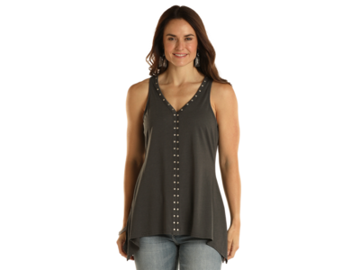 Rock and Roll Denim Studded Sharkbite Tank- Charcoal-