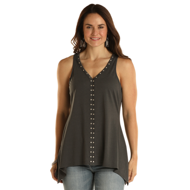 Rock and Roll Denim Studded Sharkbite Tank- Charcoal-