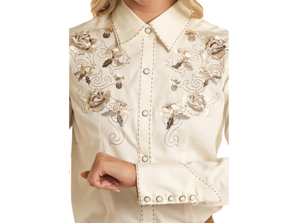 Rock and Roll Denim Retro Embroidered Pearl Snap-