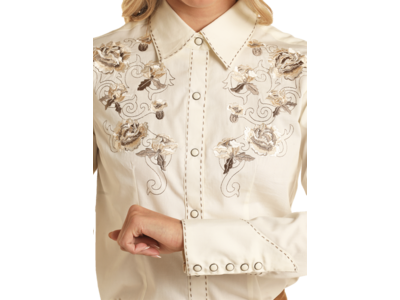 Rock and Roll Denim Retro Embroidered Pearl Snap-