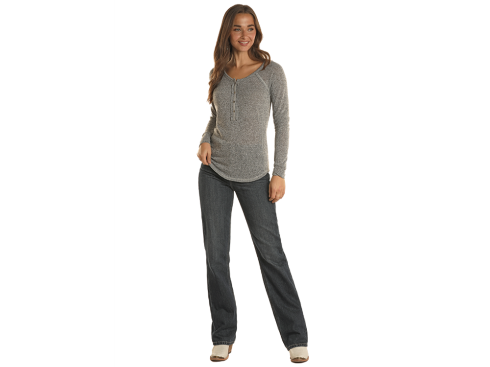 Rock and Roll Denim Long Sleeve Henley- Grey-