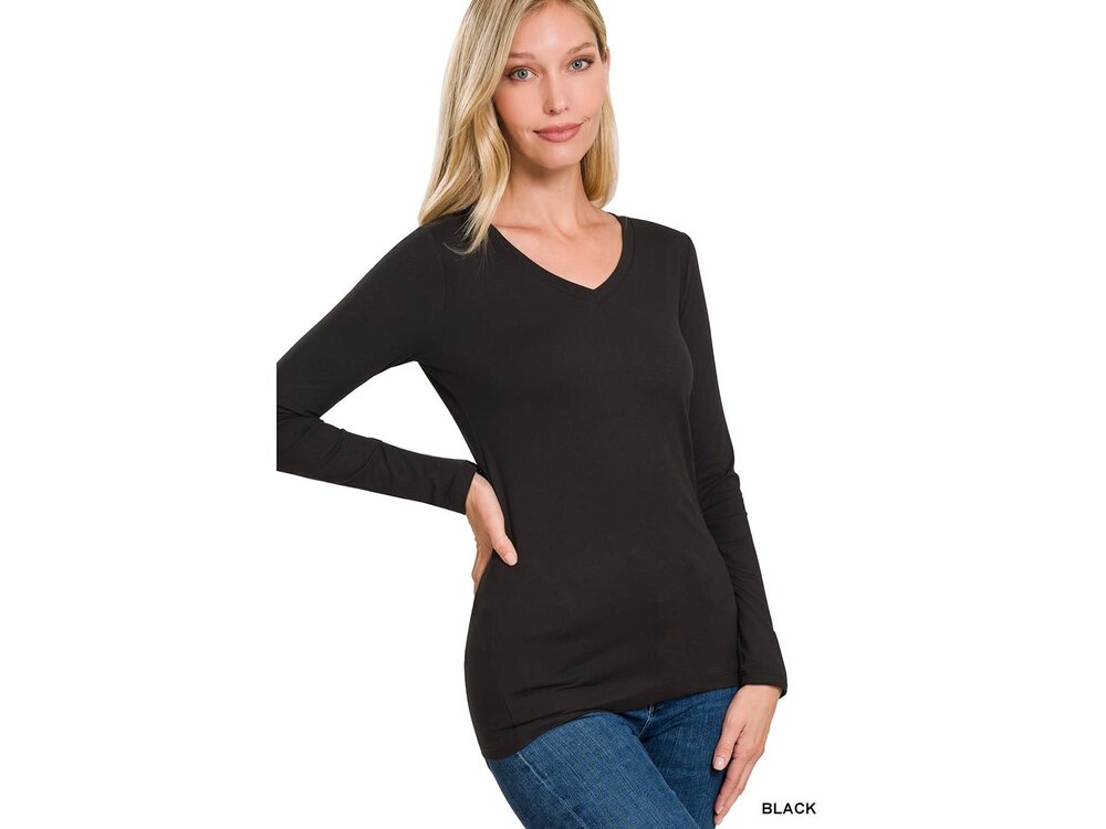 Brushed Microfiber V-Neck- Black