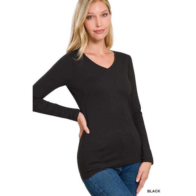 Brushed Microfiber V-Neck- Black