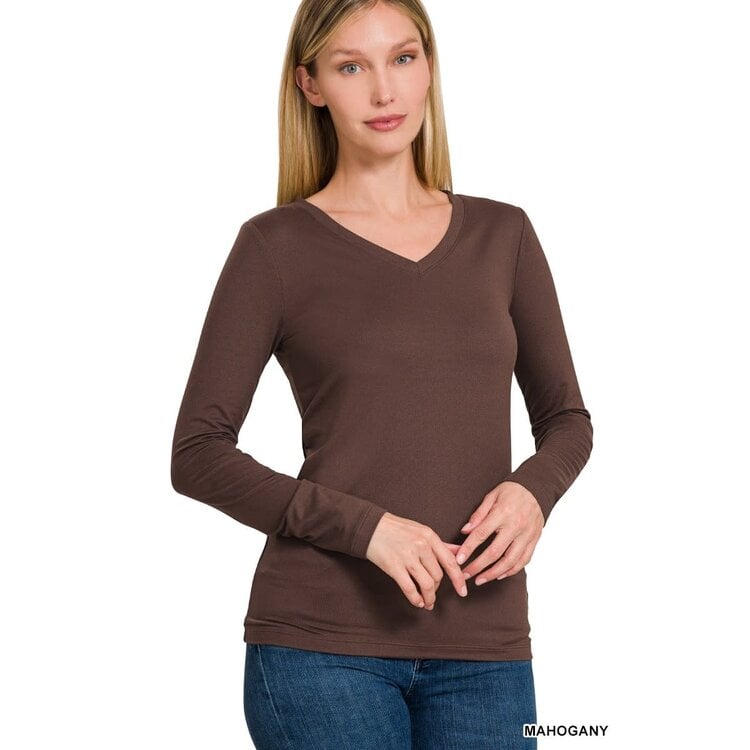 Brushed Microfiber V-Neck- Brown