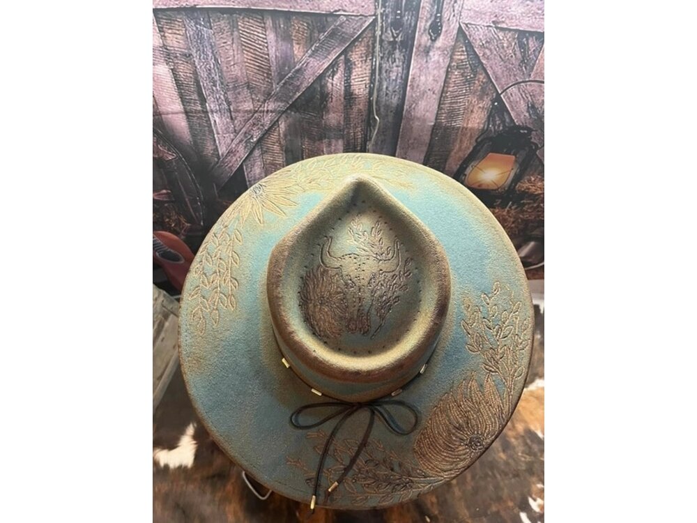 Custom Artist Burned Hat- Teal Rodeo Flowers