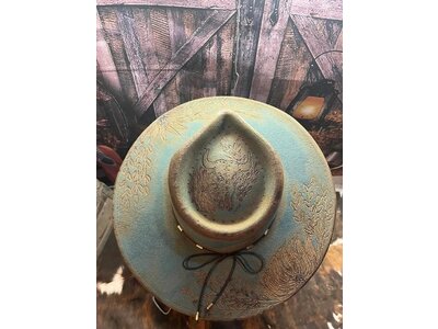 Custom Artist Burned Hat- Teal Rodeo Flowers