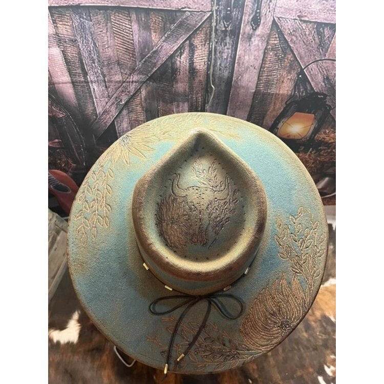 Custom Artist Burned Hat- Teal Rodeo Flowers