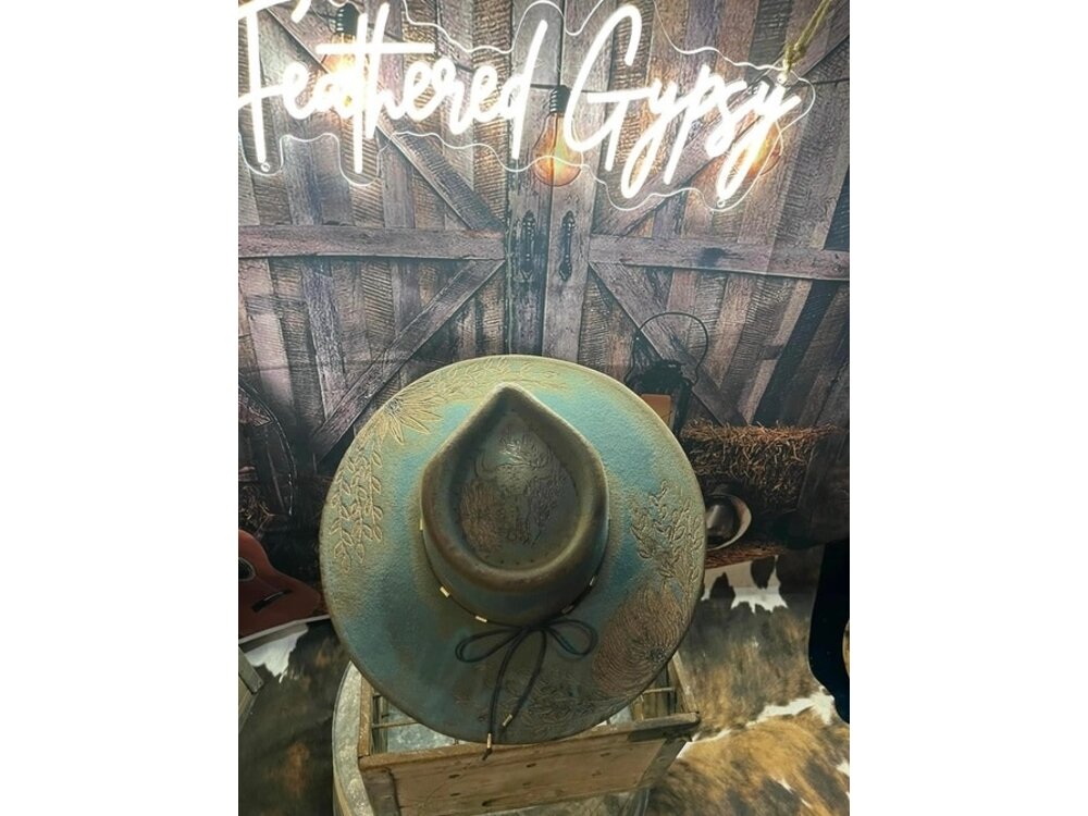 Custom Artist Burned Hat- Teal Rodeo Flowers