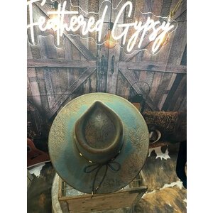 Custom Artist Burned Hat- Teal Rodeo Flowers