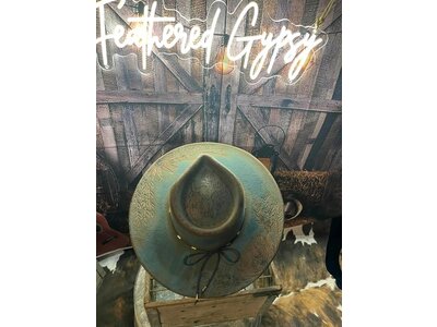 Custom Artist Burned Hat- Teal Rodeo Flowers