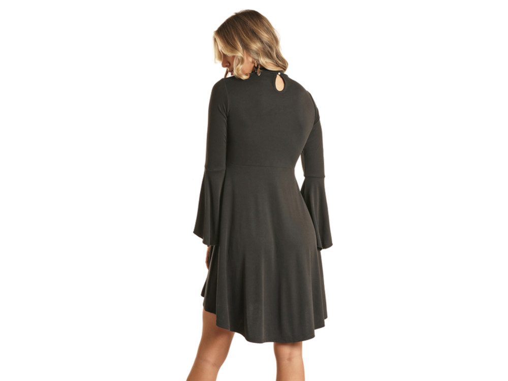 Rock and Roll Denim Bell Sleeve Studded Dress- Black-